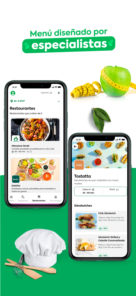 Manzana Verde - Healthy food - Pantallas de la app móvil Manzana Verde mostrando opciones de menús saludables diseñados por especialistas en nutrición