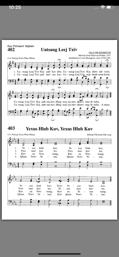 Cov Ntseeg Yexus Phau Nkauj - Mobile app screenshot showing Hmong Christian hymns with musical notation and lyrics.