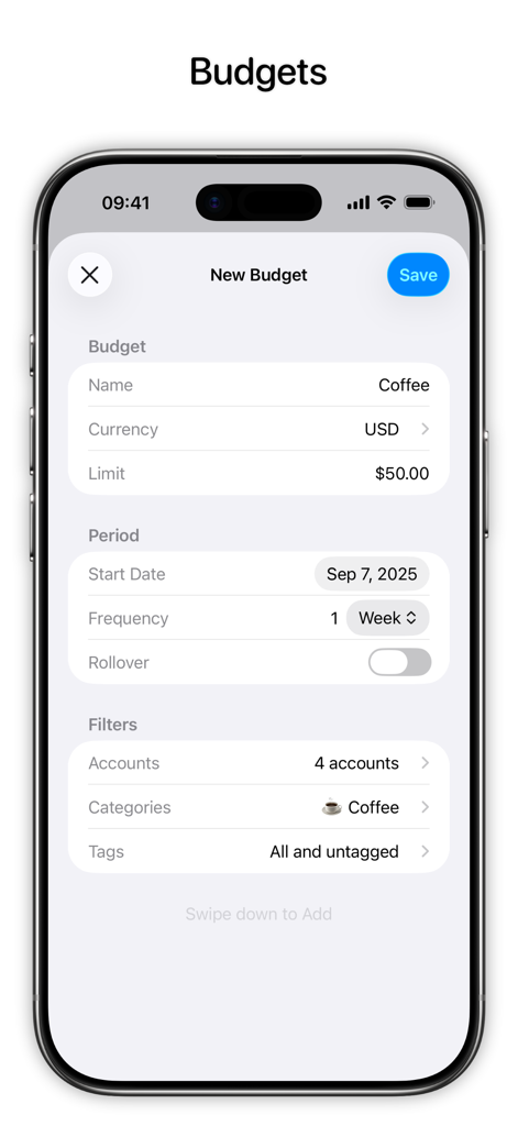 Uma tela do aplicativo de finanças pessoais Balance mostrando a criação de um novo orçamento semanal para café com um limite de cinquenta dólares.
