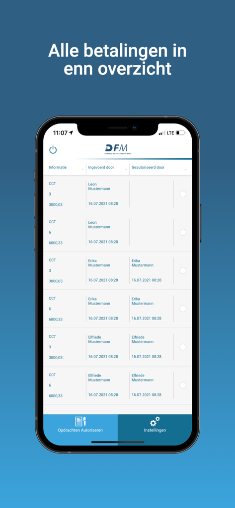 DFM e-Sign Mobile App-Oberfläche, die eine Liste der zu autorisierenden Unternehmenszahlungen anzeigt