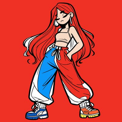 girl in baggy pants crop top and long hair