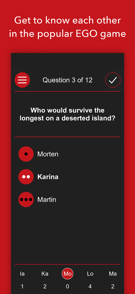 EGO - The Party Game - Une capture d'écran du jeu de société EGO montrant une question sur qui survivrait le plus longtemps sur une île déserte avec trois noms de joueurs comme options.