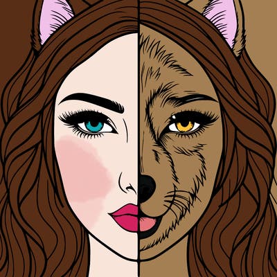 split face realistic woman and wolf