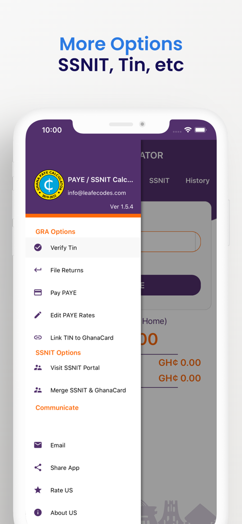 Ghana PAYE and SSNIT calculator app interface displaying the side menu with GRA options and SSNIT portal links