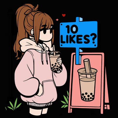 girl with oversized hoodie drinking boba and she has a high ponytail with a sign that says 10likes?