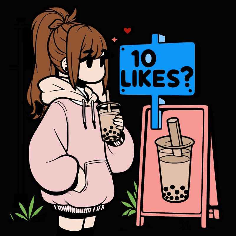 girl with oversized hoodie drinking boba and she has a high ponytail with a sign that says 10likes?