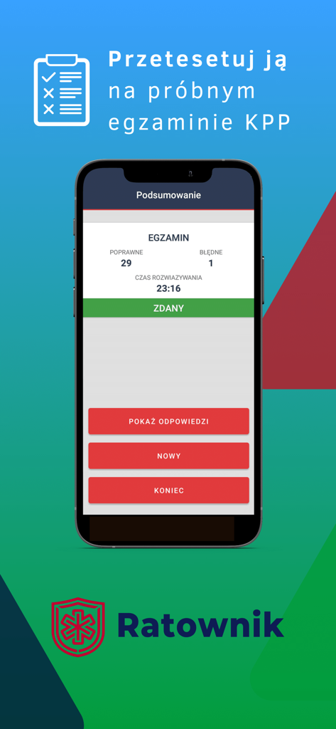 Mobile interface of the Ratownik app showing a passed mock KPP medical exam result summary