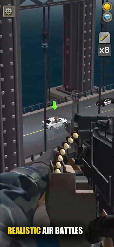 Air Attack 3D: Sky War - First-person perspective of a machine gun aiming from a helicopter at a white car on a bridge during a mission.