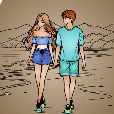 a girls walking in the beach with her boyfriend realistic