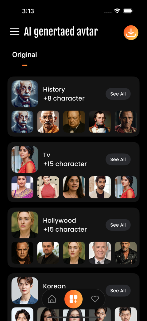 LipSync: AI Video Generator - Interface do aplicativo LipSync mostrando categorias de avatares de IA, como celebridades de História, TV, Hollywood e Coreanas para geração de vídeo.
