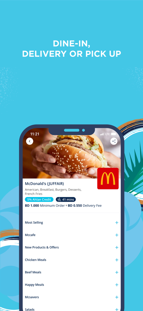 Ahlan Rewards - Mobile screen of Ahlan Rewards app showing a restaurant menu with delivery and pick up options
