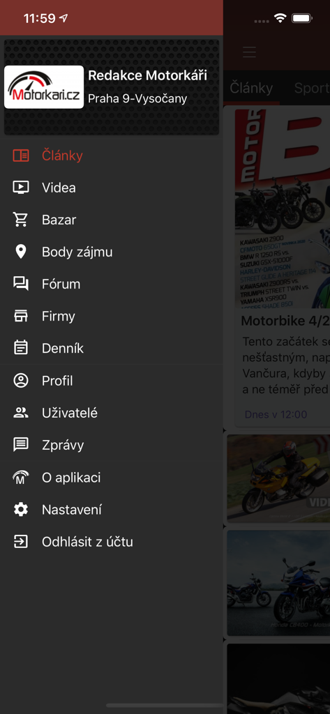 Motorkari.cz - Mobile app interface of Motorkari.cz displaying a navigation menu with sections for motorcycle news and community features