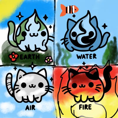4 cats that represent the different elements, earth, water, air, and fire