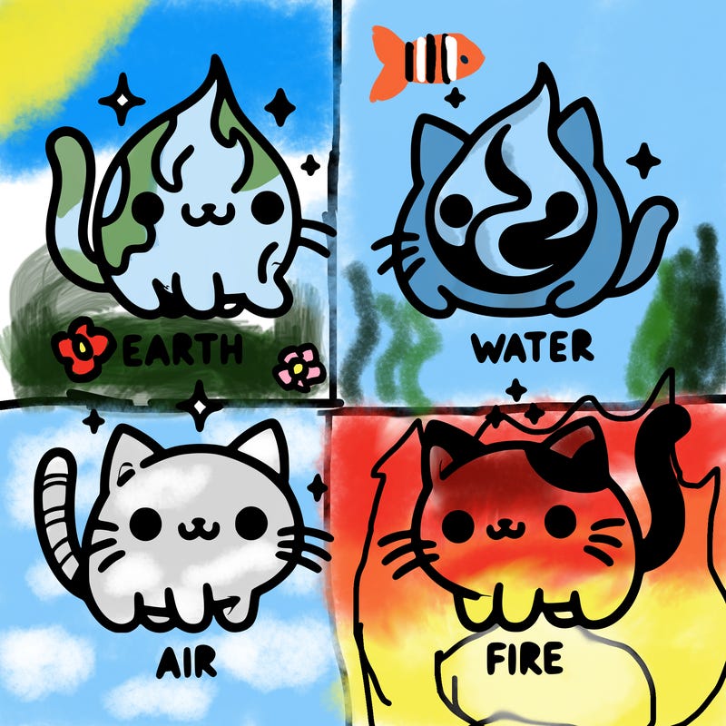 4 cats that represent the different elements, earth, water, air, and fire