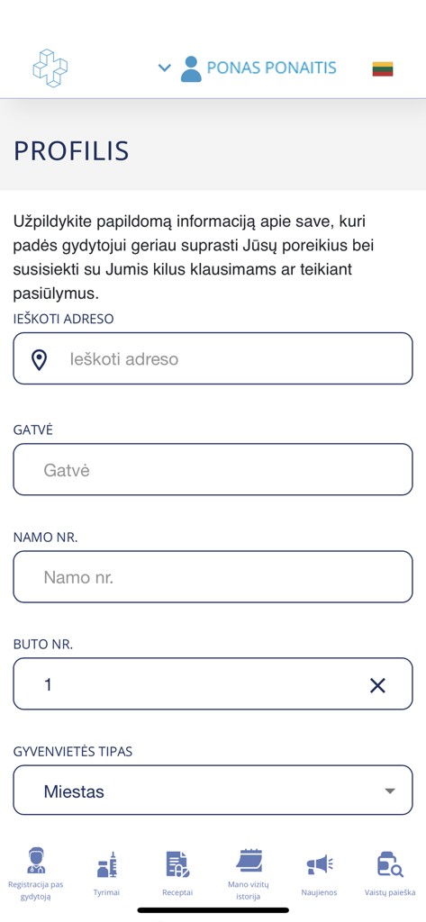 ePacientas - ePacientas mobile app profile screen showing fields for user address and settlement information
