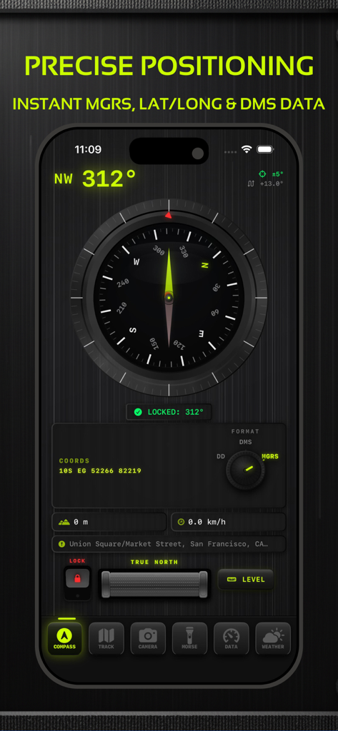 Compass X: GPS Map,Tracker - Interfaz de brújula digital táctica que muestra posicionamiento GPS preciso y datos de coordenadas MGRS