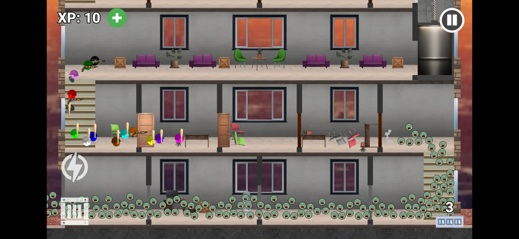 Zombie Tower Escape - Gameplay of Zombie Tower Escape showing colored marbles defending a multi-story building against a zombie horde.