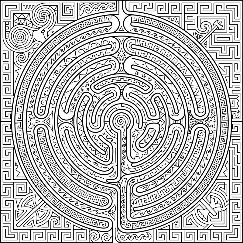 Embark on an artistic journey with this mesmerizing Cretan Labyrinth Patterns coloring page. Discover intricate designs inspired by ancient Greek myths, perfect for a relaxing and detailed coloring session.