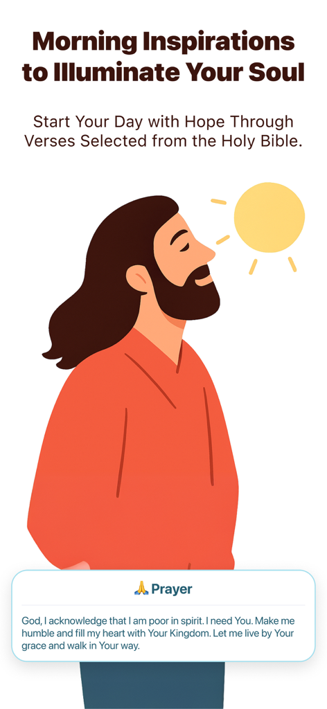 Ilustración de un hombre y una tarjeta de oración diaria para inspiración matutina.