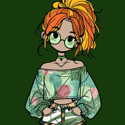 girl with a messy ponytail glasses a baggy crop top and jean shorts