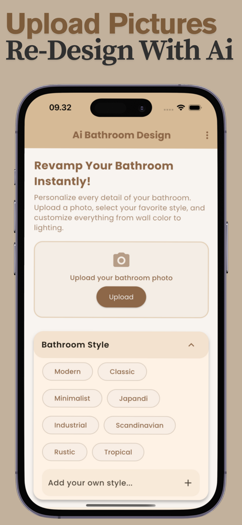 Smartphone screen showing the AI bathroom design app interface with photo upload and style selection options.
