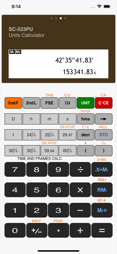 Calculator SC-323PU - Skeuomorphic interface of the SC-323PU calculator app displaying time and frame rate calculation options
