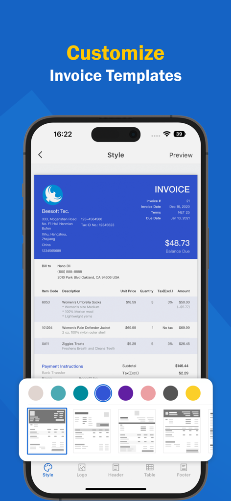 Invoice Maker · - Una pantalla de aplicación móvil que muestra opciones para personalizar estilos y colores de facturas con una vista previa de plantilla profesional.