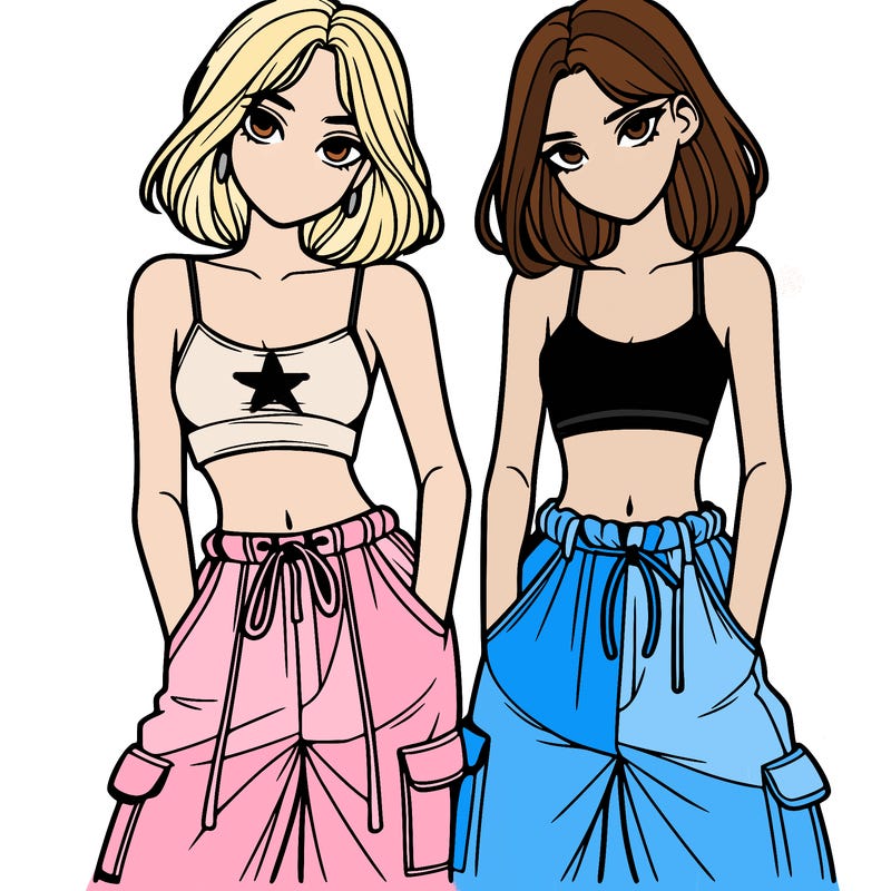 two girls with crop top with baggy pants
