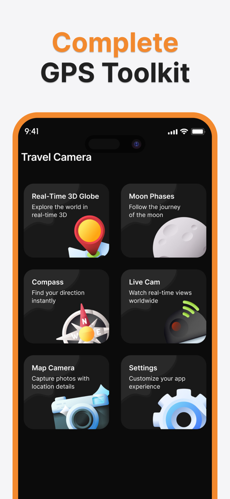 Street Map Live 3D Camera View - Screen showing the GPS toolkit features including 3D globe and compass