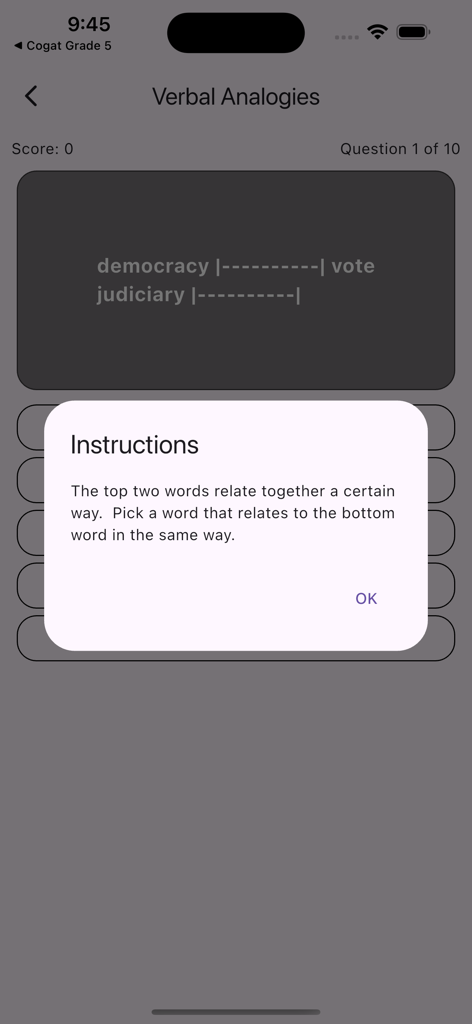 COGAT for Grade 6 - Verbal analogies practice screen for the COGAT Grade 6 test prep app