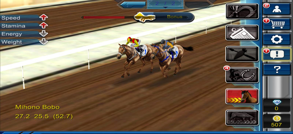 iHorse Racing: horse race game - A screenshot of iHorse Racing showing two horses and jockeys competing on a race track with game interface and stats