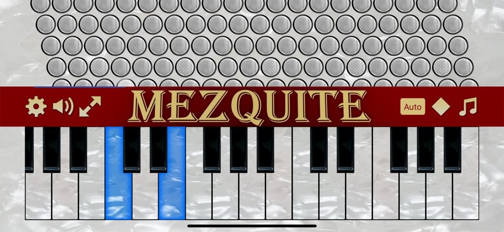 Interface of the Mezquite Piano Accordion app featuring virtual keyboard and bass buttons with highlighted keys