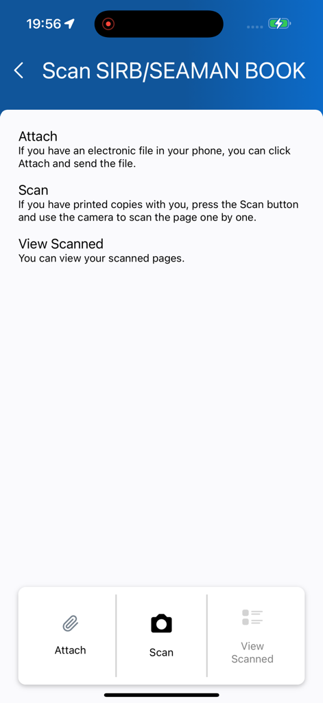 TMHub - Pantalla de la aplicación móvil TMHub para escanear o adjuntar un documento del Libro de Marinero con opciones para adjuntar escaneo y ver archivos.