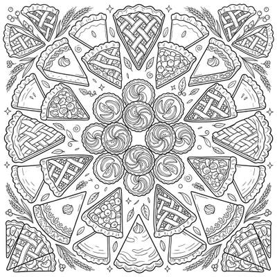 Dive into a world of delicious design with this intricate coloring page featuring an abundance of sweet and savory pies and tarts. Arranged in a beautiful mandala pattern, it offers a unique blend of culinary charm and calming symmetry for your coloring pleasure.