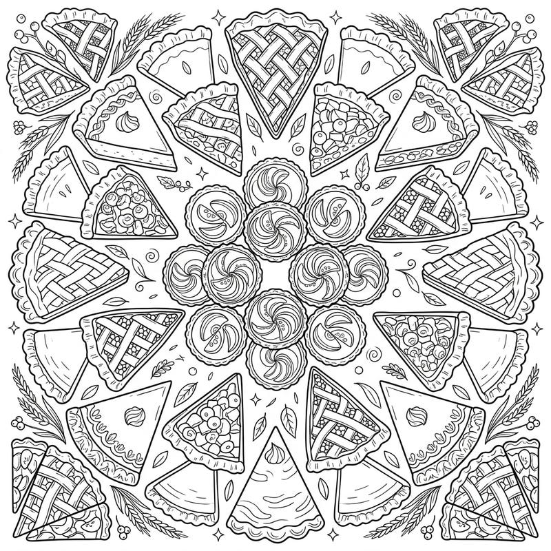 Dive into a world of delicious design with this intricate coloring page featuring an abundance of sweet and savory pies and tarts. Arranged in a beautiful mandala pattern, it offers a unique blend of culinary charm and calming symmetry for your coloring pleasure.