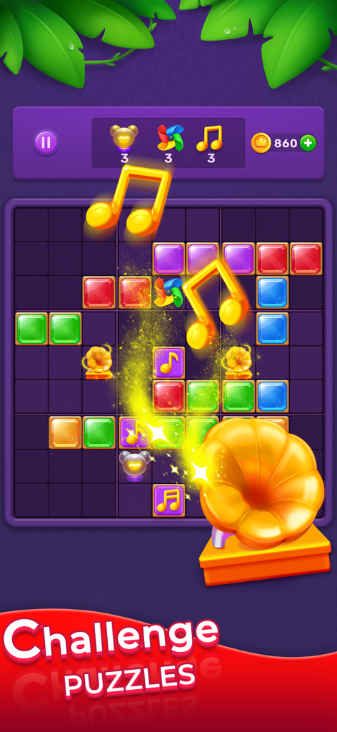 Una pantalla de juego de puzles de bloques colorida con bloques de gemas y notas musicales doradas