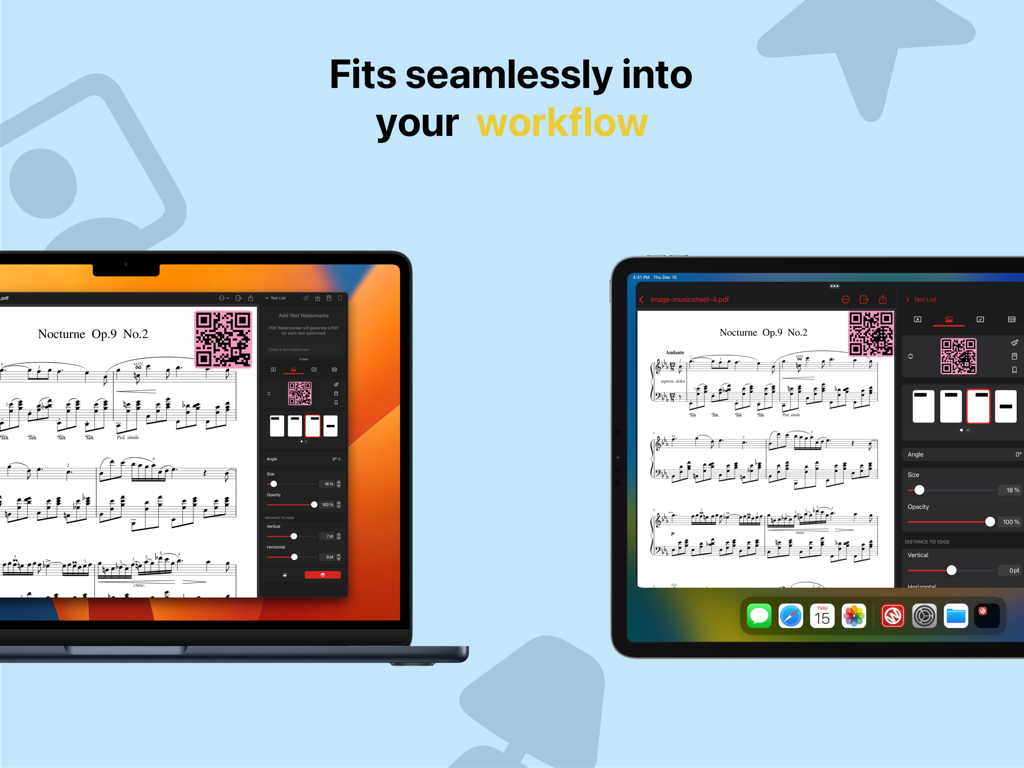 PDF Watermarker app interface displayed on a MacBook and an iPad showing cross-device workflow
