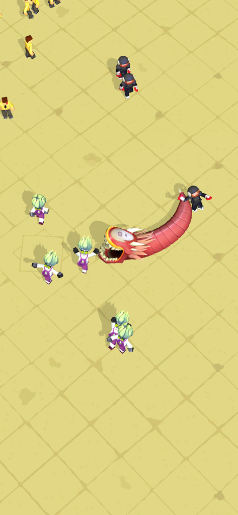 A giant red alien worm devouring scientists and guards in a top down view