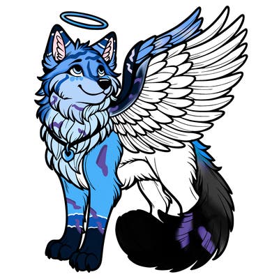 realistic wolf with wings and a halo
