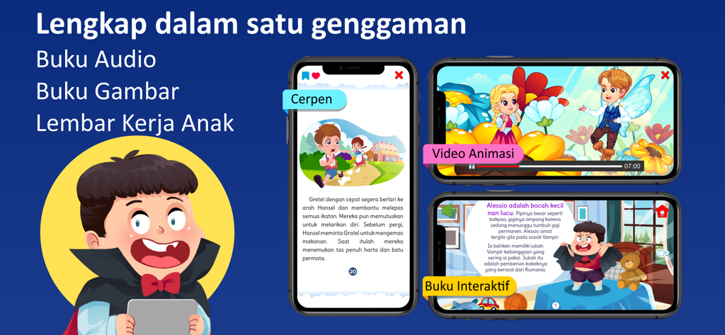 Riri Story Book - Riri Story Book app interface showing interactive children stories, animated videos, and audio books on multiple smartphones