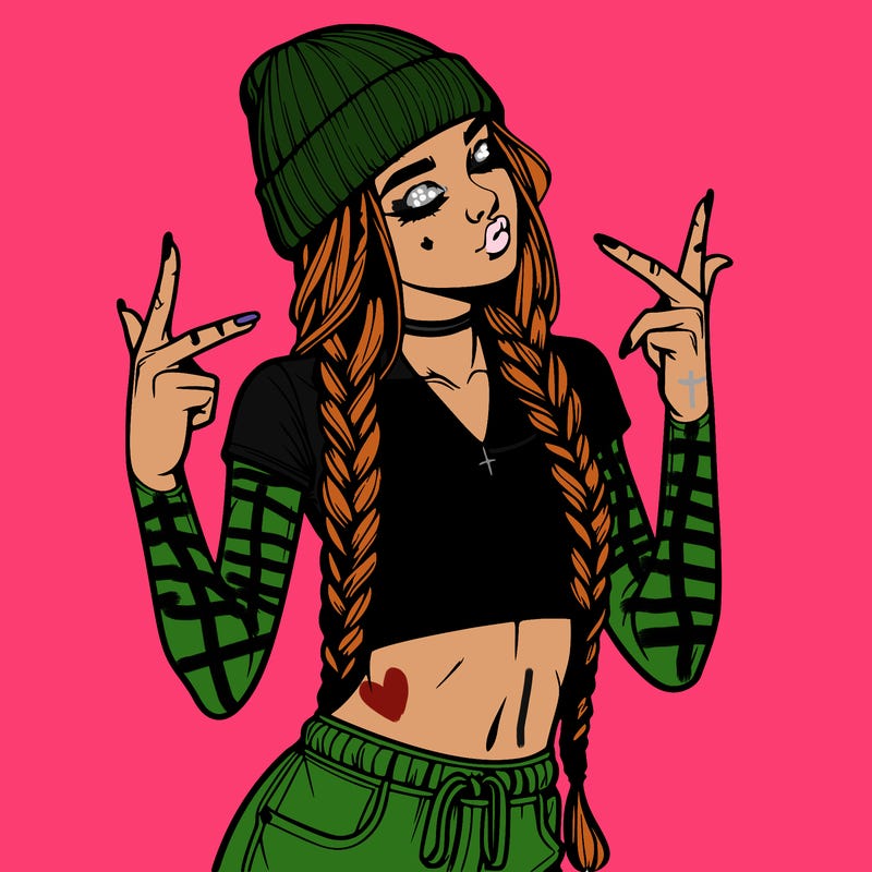 realistic teenage girl with braids and a beanie and crop top doing 🫶🏼