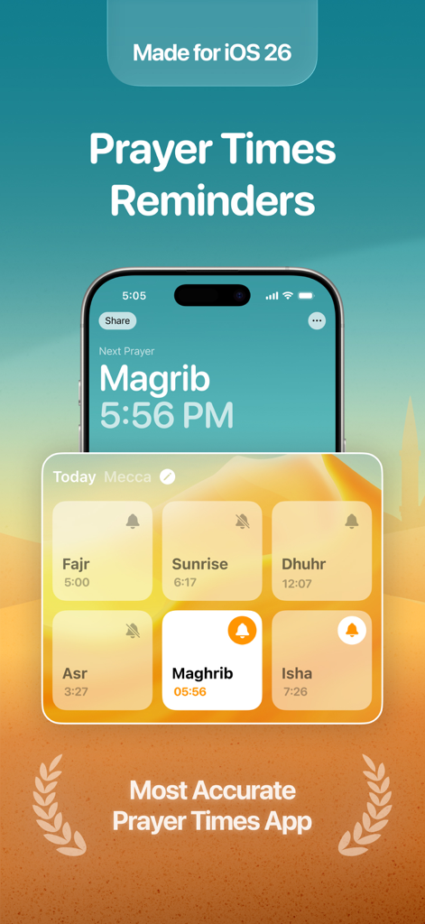 Interfaz de la aplicación Athan Pro en iPhone que muestra los horarios de oración diarios y recordatorios de notificación