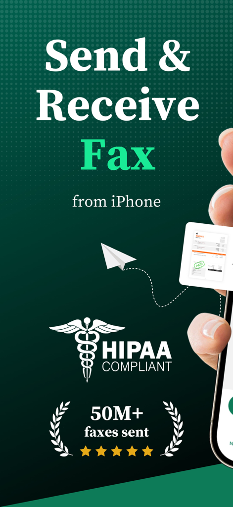 Tiny Fax: Send Fax From iPhone - Promotional graphic for Tiny Fax app on iPhone highlighting HIPAA compliance and 50 million faxes sent.