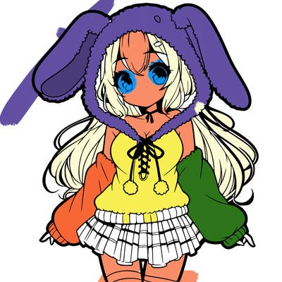 pretty anime girl wearing a fluffy hoodie with bunny ears on the hood and a skirt