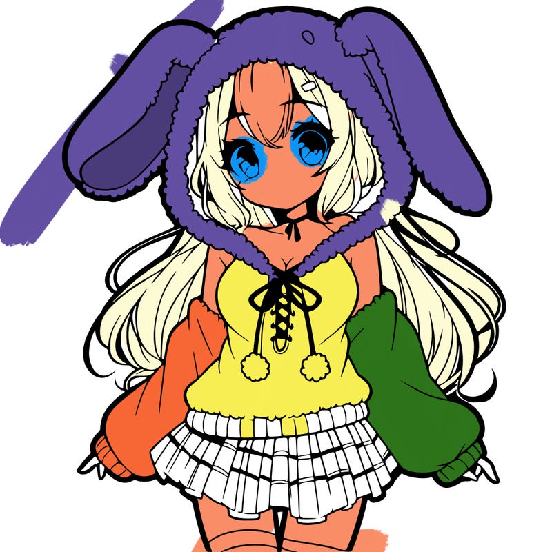 pretty anime girl wearing a fluffy hoodie with bunny ears on the hood and a skirt