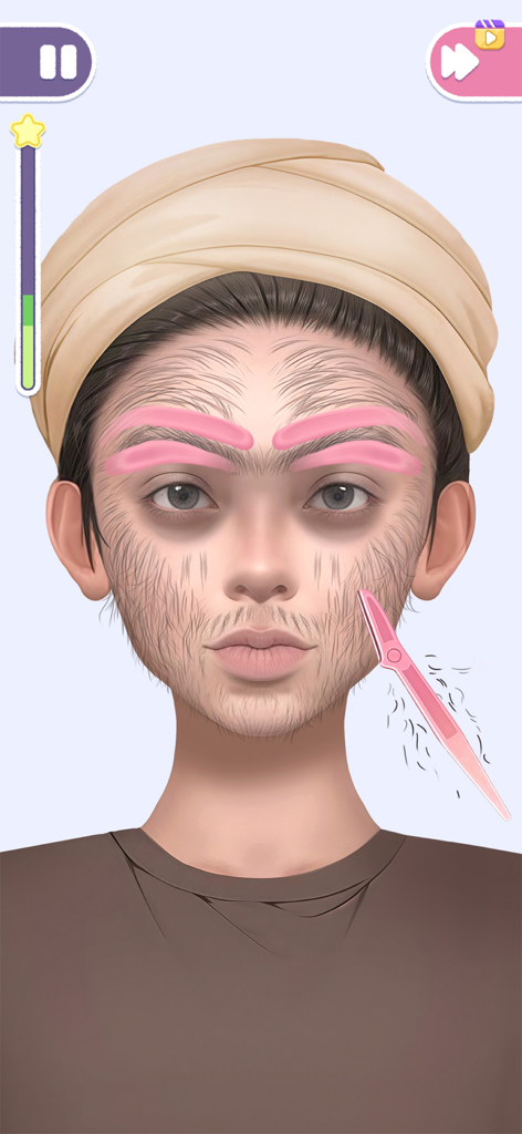 Skincare Time: Makeover ASMR - Un personnage dans le jeu Skincare Time Makeover ASMR se faisant enlever les poils du visage avec un outil de rasage rose.