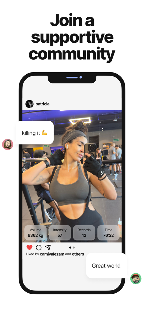 Soma Gym & AI Calorie Tracker - A gym selfie shared on the Soma app community feed showing workout stats and supportive social comments
