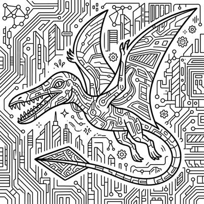 Dive into a high-tech prehistoric world with our captivating Cyberpunk Rhamphorhynchus coloring page. This intricate design blends a majestic pterosaur with futuristic circuits and urban landscapes, offering a thrilling creative challenge.