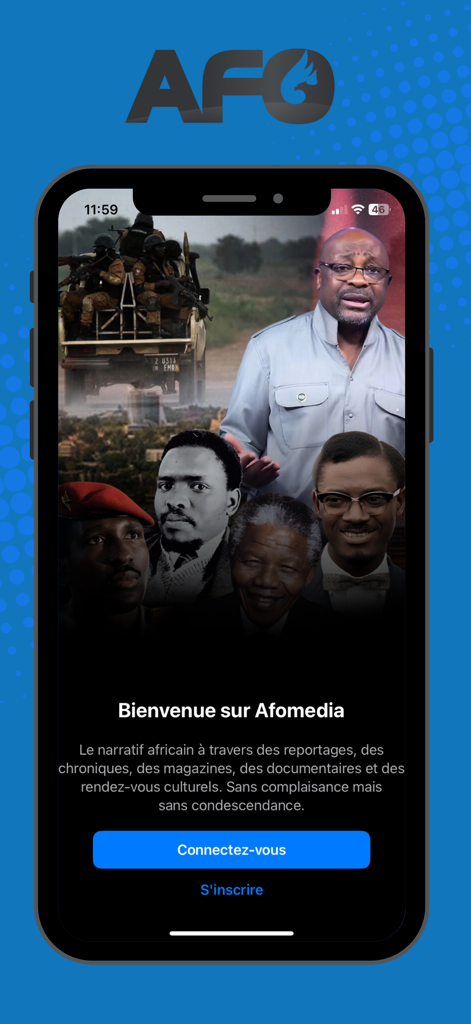AFO MEDIA app welcome screen featuring Alain Foka and prominent African historical figures