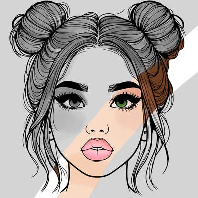 realistic girl with two buns on her hair and lips